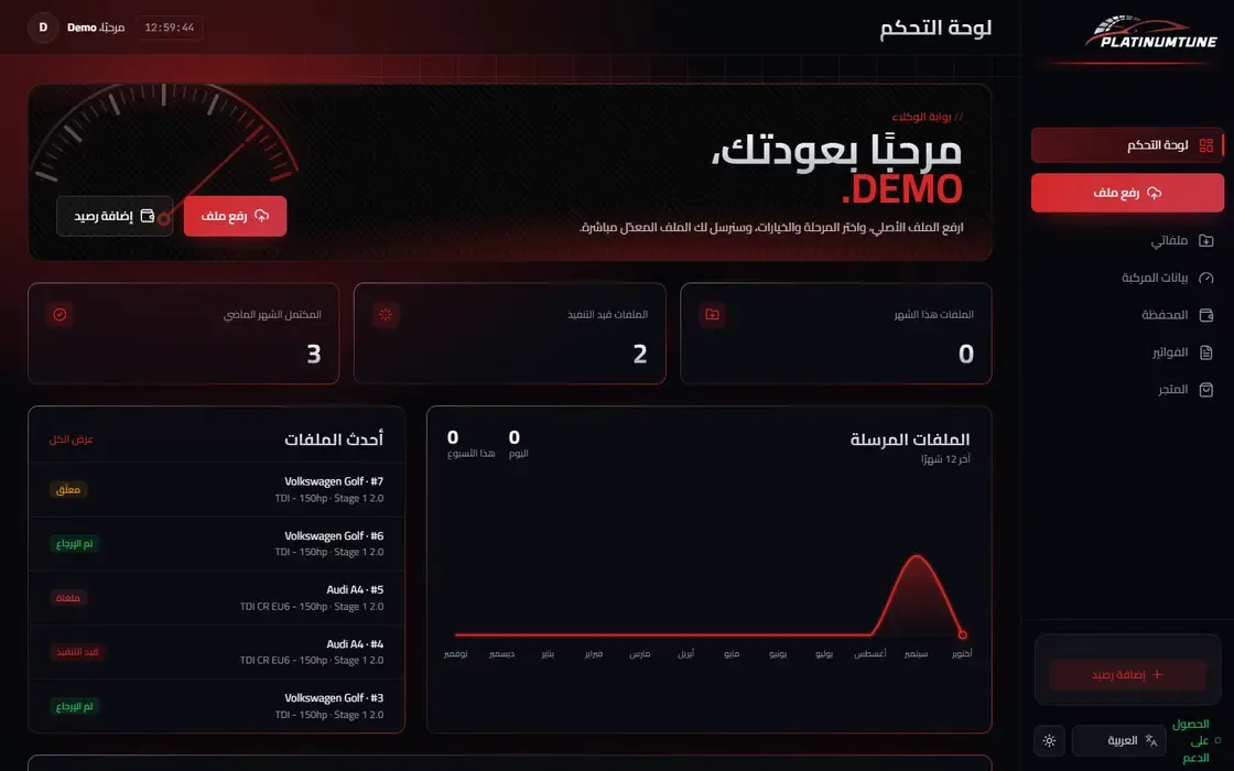 لوحة بوابة وكلاء Platinum Tune بالعربية، ببيانات تجريبية