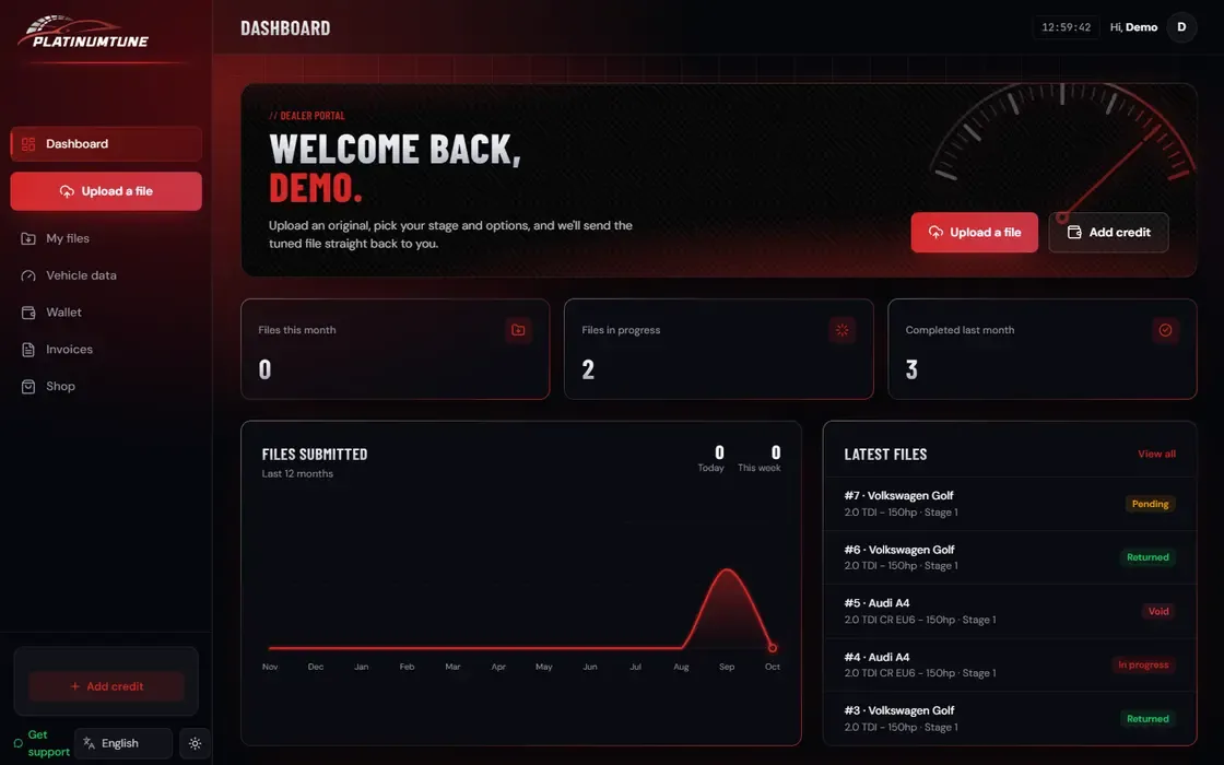 The Platinum Tune dealer portal dashboard: upload a file, add credit, files in progress and the latest files (demo data)