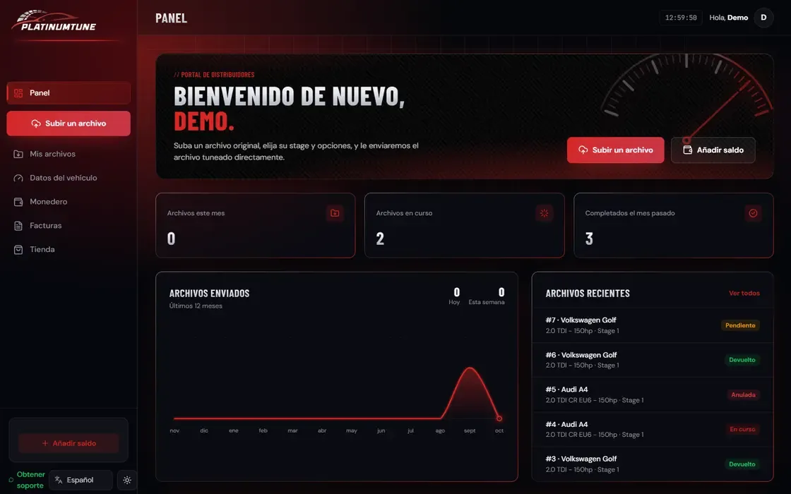 El panel del portal de distribuidores de Platinum Tune, con datos de demostración