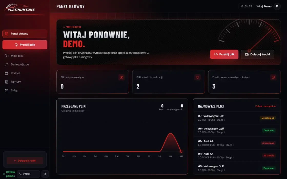 Panel portalu dealera Platinum Tune na danych demonstracyjnych