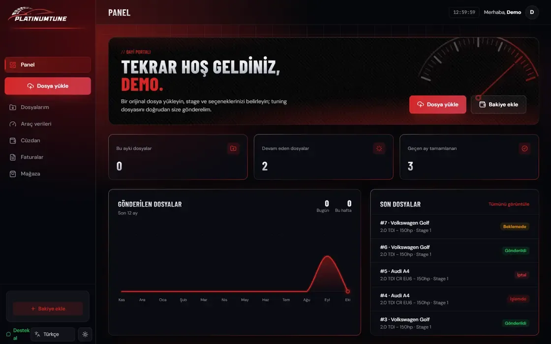 Platinum Tune bayi portalı paneli, demo verilerle
